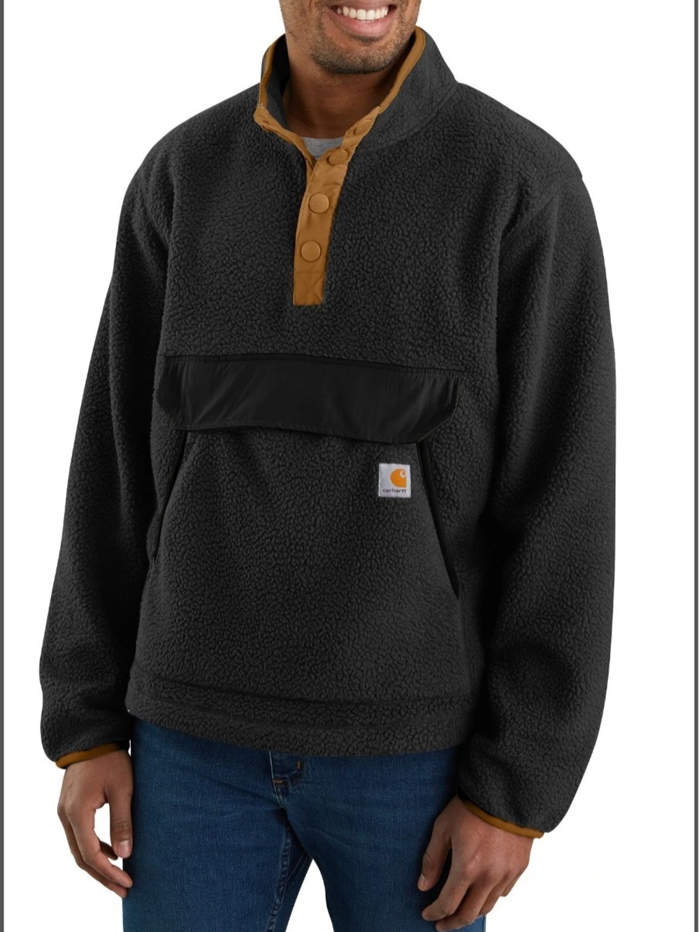 Carhartt Men's Relaxed Fit Black Sherpa Fleece Pullover with Brown Trim Size XLT